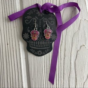 Sugar Skull Earrings Purple Pink NEW Silver 1.5” Ling